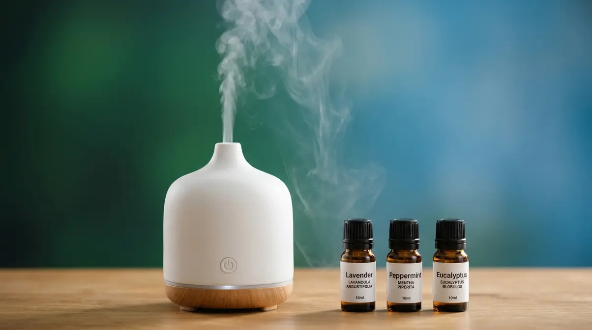 Ultrasonic aromatherapy diffuser emitting mist beside lavender peppermint eucalyptus essential oil bottles
