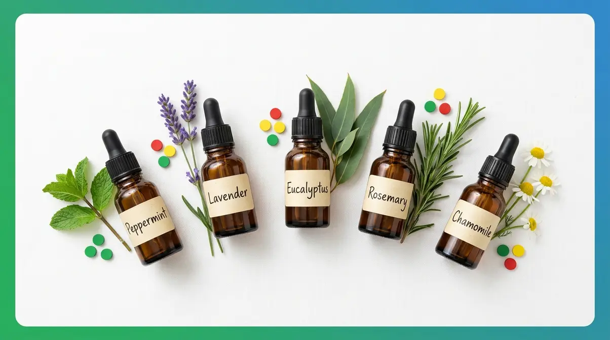 Five essential oils for headaches — peppermint lavender eucalyptus rosemary chamomile — arranged with botanical sprigs