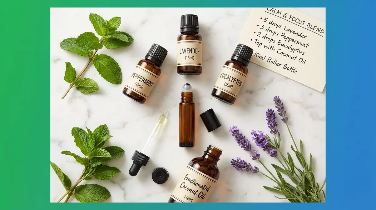 DIY essential oil headache blend ingredients including peppermint lavender eucalyptus bottles and glass roll-on