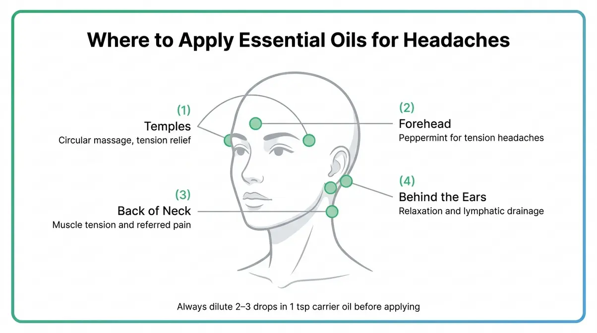 Diagram showing essential oil application points for headache relief including temples forehead back of neck and behind ears