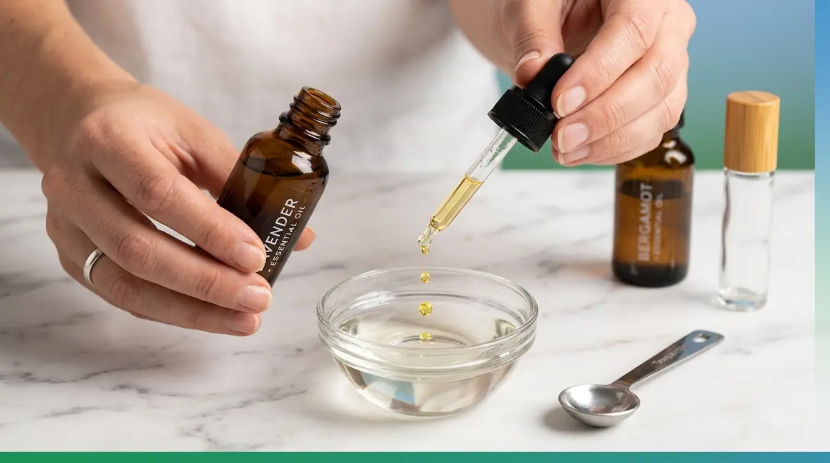 Hands diluting essential oils into carrier oil with dropper bottle and measuring spoon on marble surface