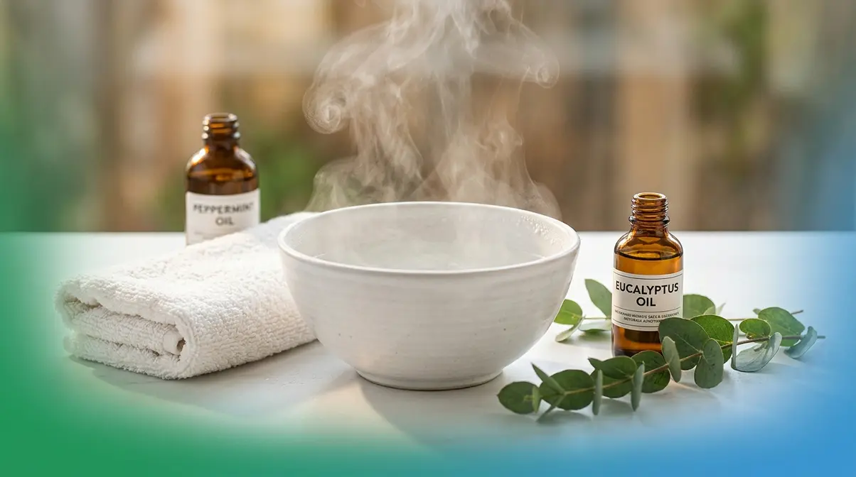 Steam inhalation bowl with eucalyptus essential oil and fresh eucalyptus leaves for sinus headache relief