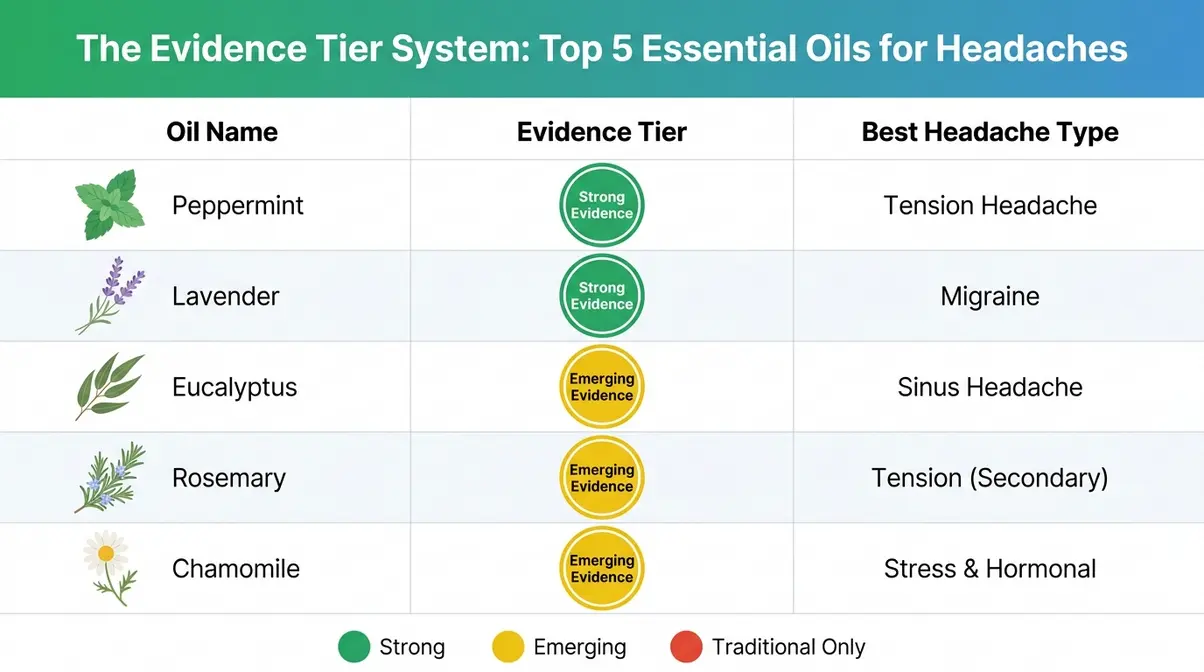 Evidence tier comparison chart for peppermint lavender eucalyptus rosemary chamomile essential oils for headaches
