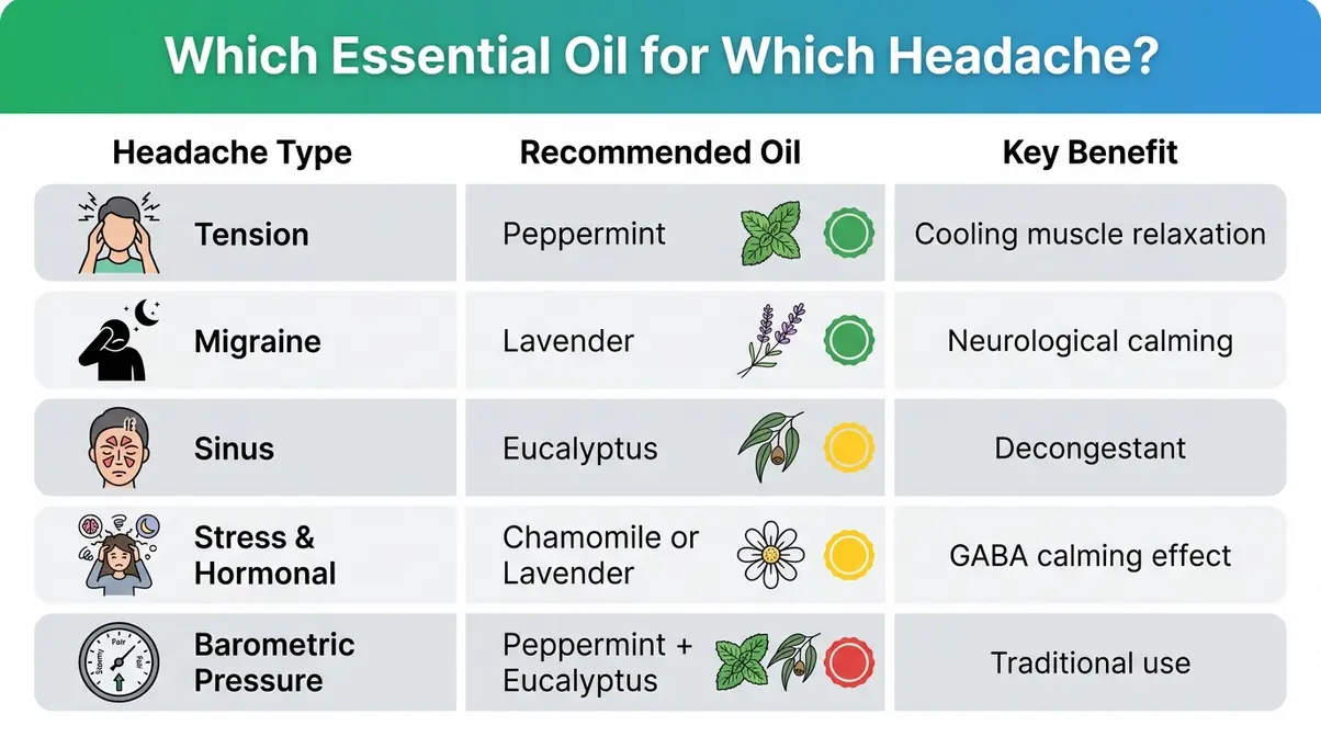 Infographic matching headache types to essential oils including peppermint lavender eucalyptus and chamomile with evidence tiers