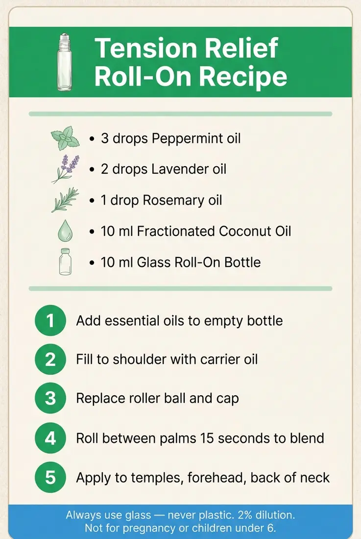 DIY essential oil roll-on recipe card for headache relief with peppermint lavender rosemary ingredients and numbered steps