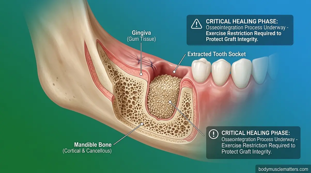 Medical illustration of granular dental bone graft material placed inside a healing tooth socket.