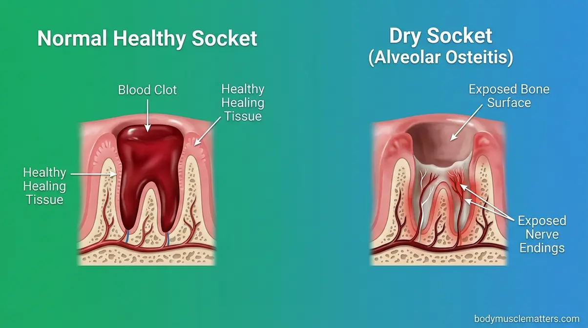 Medical comparison of a healthy healing blood clot versus a painful dry socket.