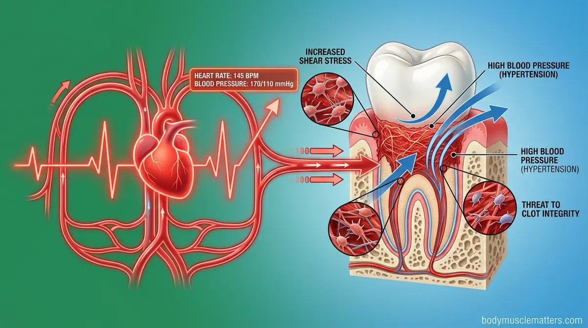 Illustration showing how elevated heart rate and blood pressure affect a healing tooth socket.
