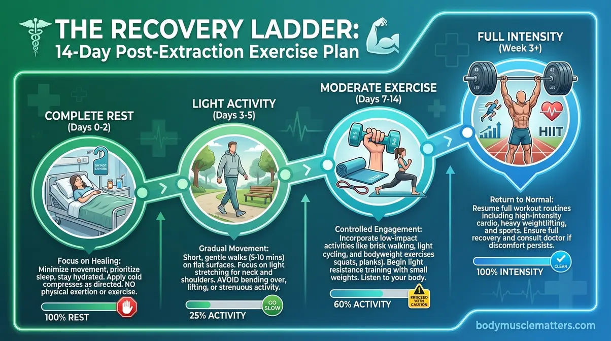 Four-stage recovery ladder timeline for returning to exercise after a tooth extraction.