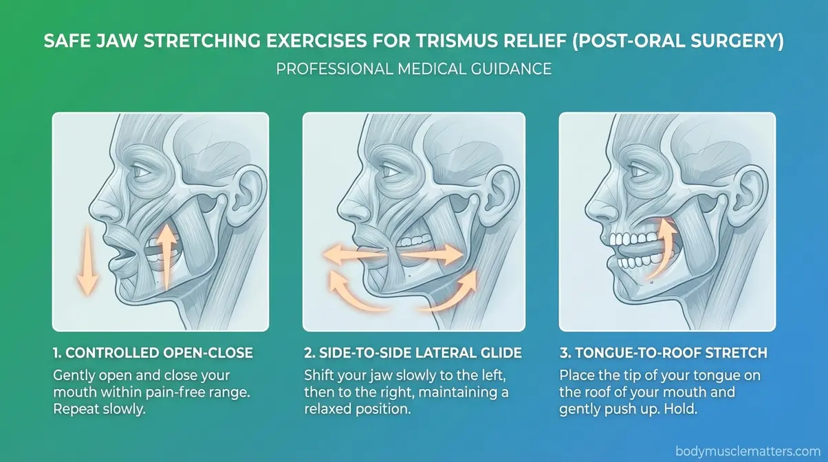 Visual guide demonstrating safe jaw stretching exercises to relieve trismus after oral surgery.