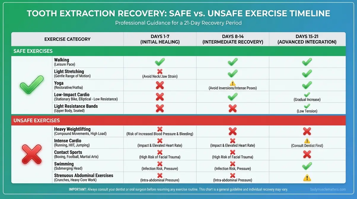 Comparison chart of safe and unsafe exercises after tooth extraction by recovery phase.