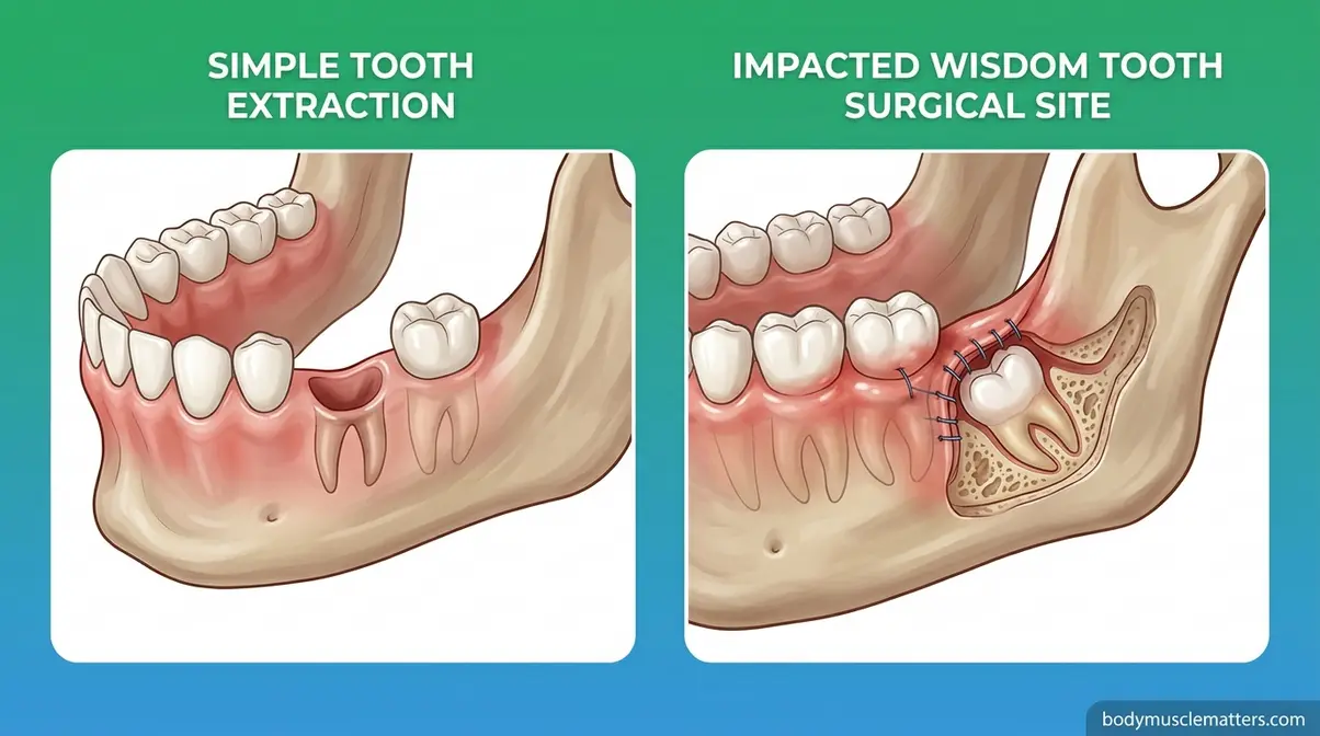 Comparison of a simple tooth extraction site and an impacted wisdom tooth surgical site.