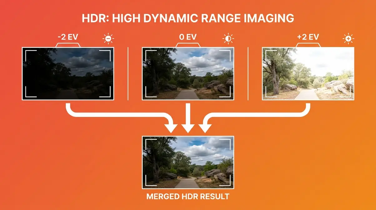 Exposure bracketing sequence diagram showing three exposures at -2 EV, 0 EV, and +2 EV merged into one HDR image