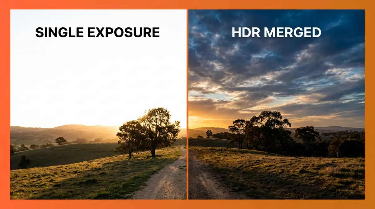 Before and after exposure bracketing comparison showing blown sky fixed by HDR merge with full highlight and shadow detail