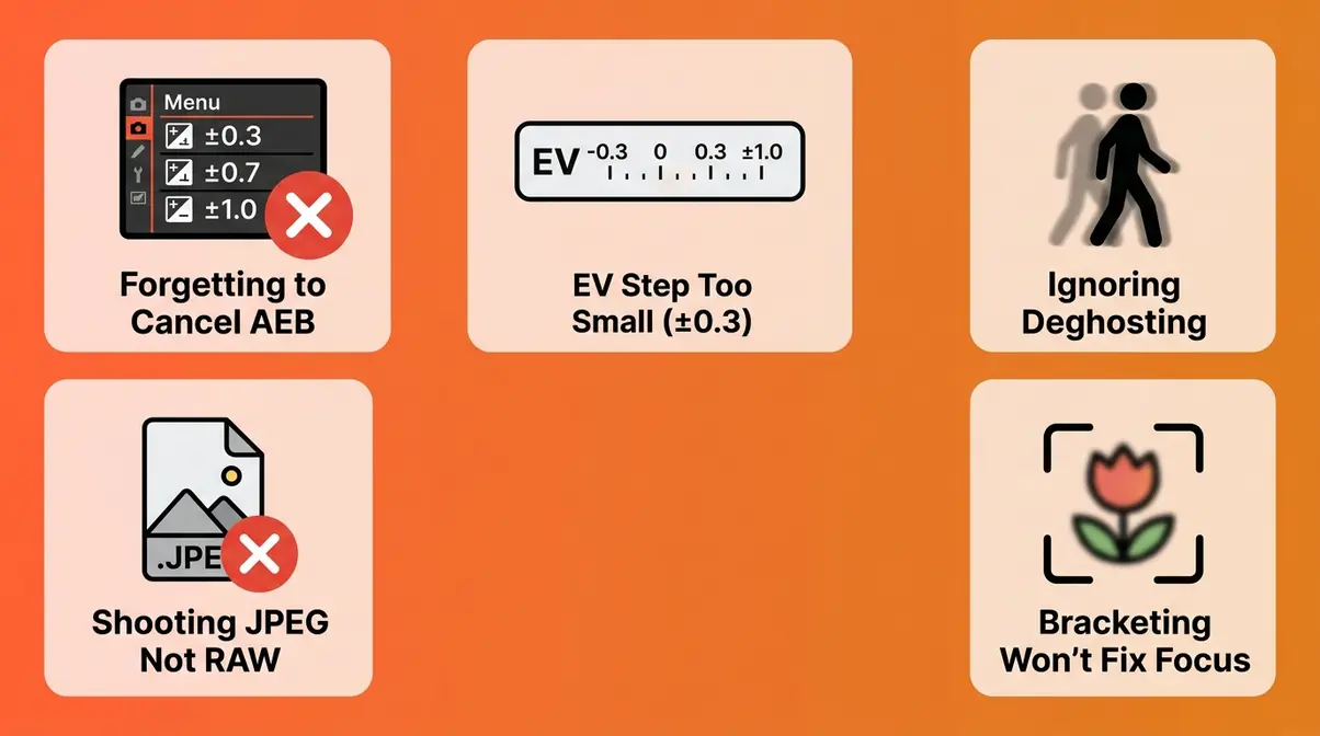 Five common exposure bracketing mistakes illustrated including forgetting to cancel AEB, wrong EV step, shooting JPEG, and ignoring deghosting