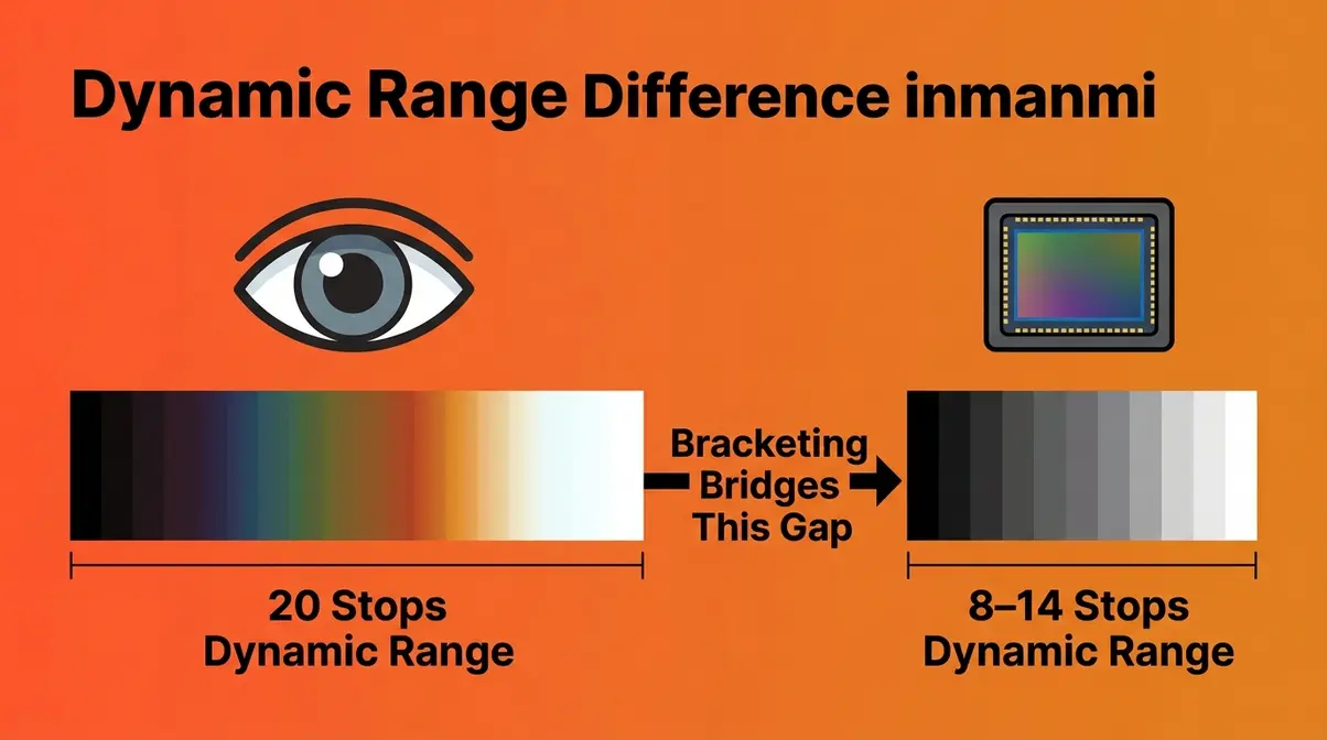 Diagram comparing human eye 20-stop dynamic range versus camera sensor 8 to 14 stops showing why exposure bracketing is needed