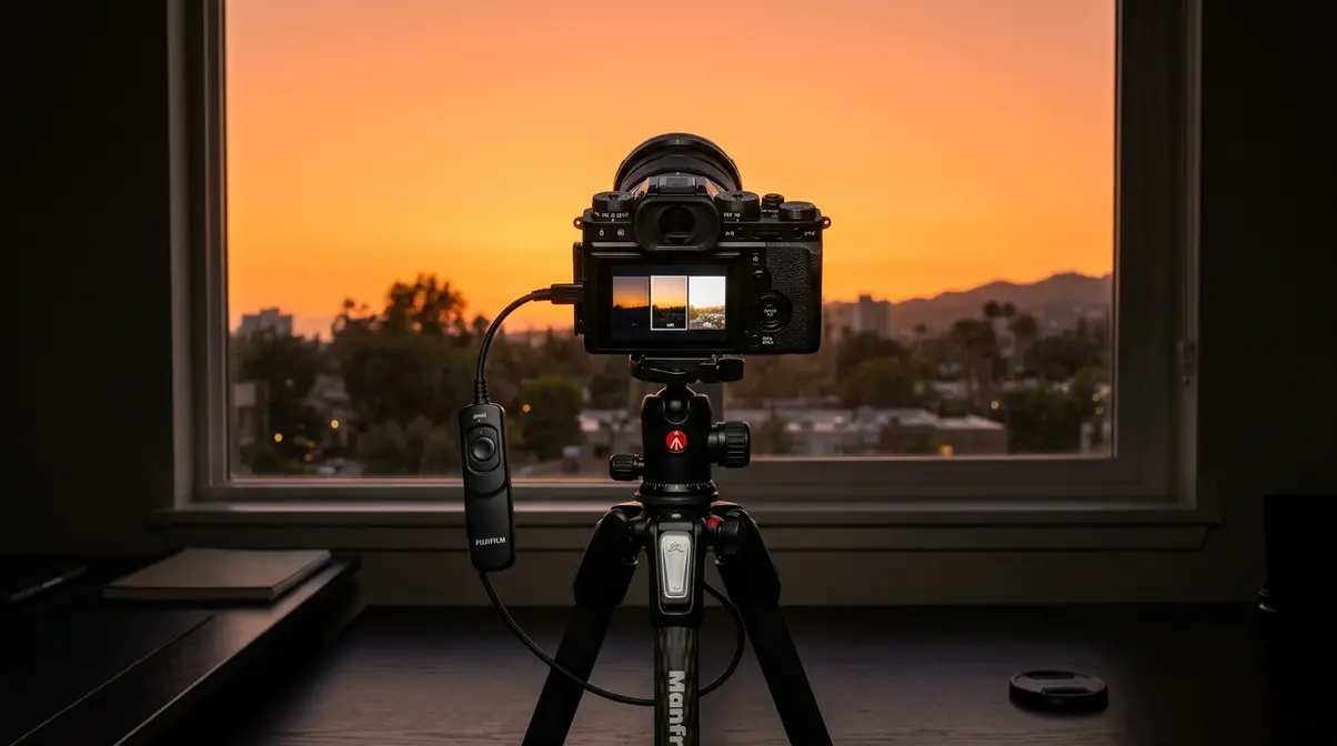 Camera on tripod set up for exposure bracketing shoot with LCD showing three bracketed frames in review mode