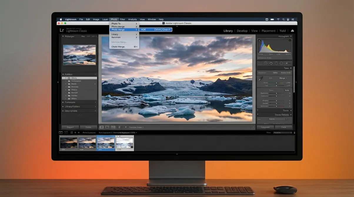 Adobe Lightroom Classic interface showing three bracketed exposure frames selected for HDR photo merge workflow
