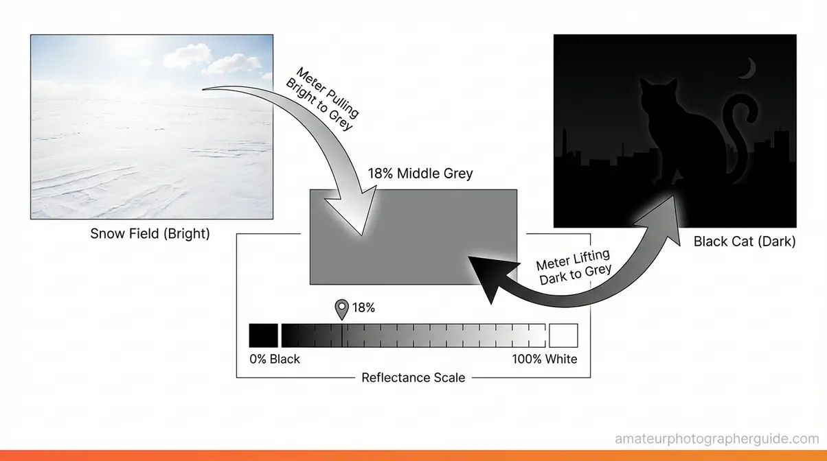 Camera light meter diagram showing 18 percent middle grey calibration affecting bright snow and dark subject scenes