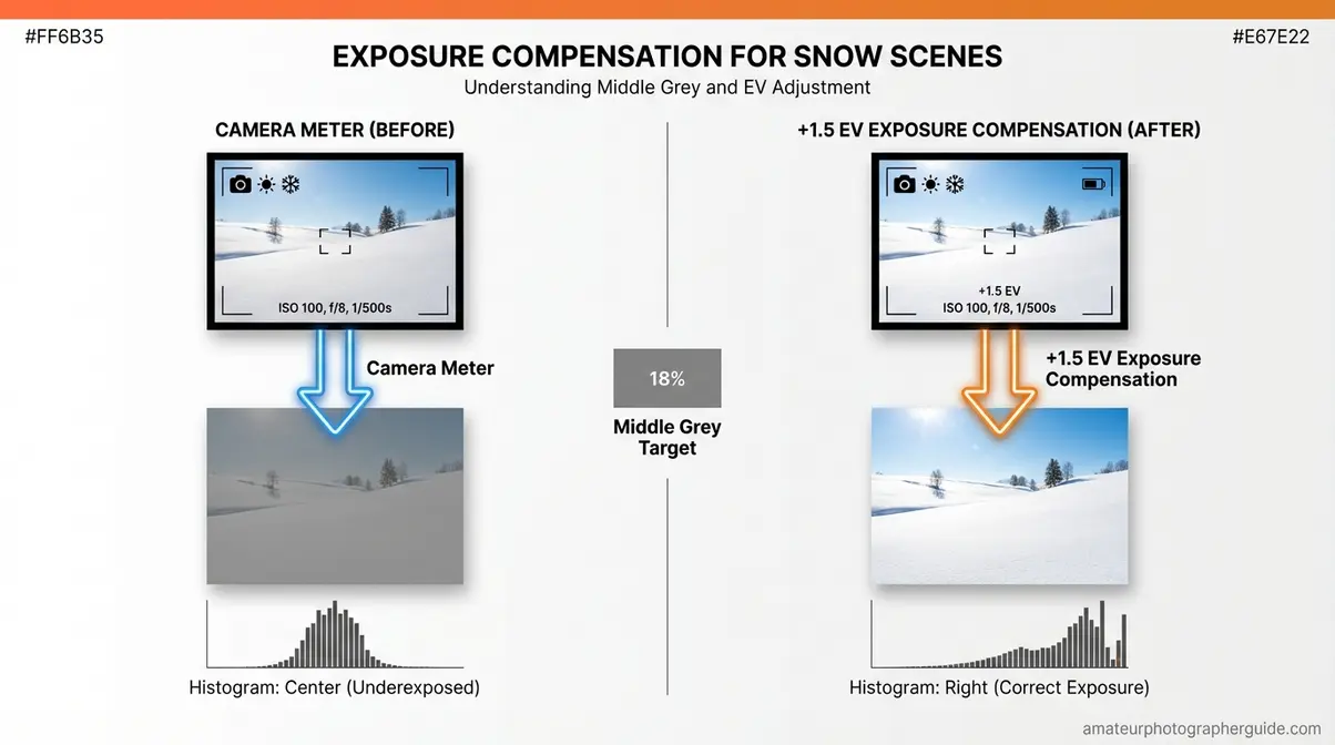 Diagram showing camera meter calibrating snow scene to middle grey versus correct bright white result using exposure compensation