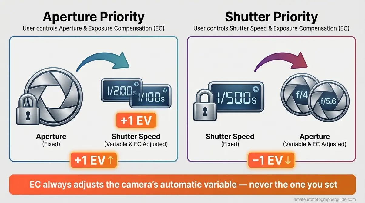Camera mode comparison showing exposure compensation adjusting shutter speed in Aperture Priority and aperture in Shutter Priority
