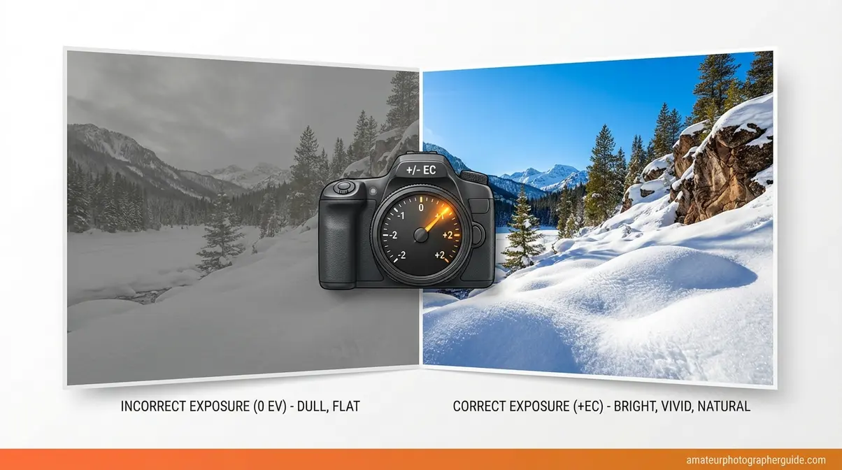 Exposure compensation concept showing grey underexposed snow scene corrected to bright white with plus EC adjustment