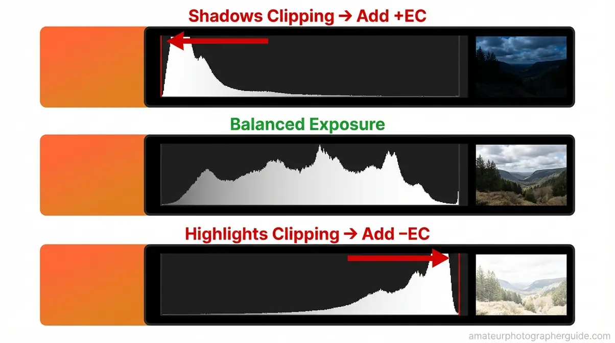 Camera histogram guide showing shadows clipping requiring plus EC and highlights clipping requiring minus EC for correct exposure
