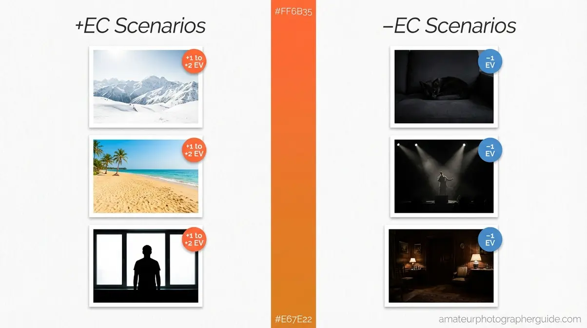 When to use positive versus negative exposure compensation showing bright snow and backlit portrait versus dark scenes
