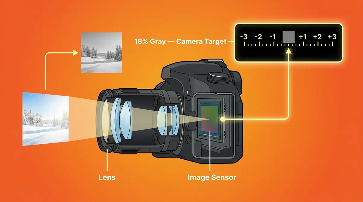 Camera exposure meter concept diagram showing how automatic metering targets eighteen percent gray