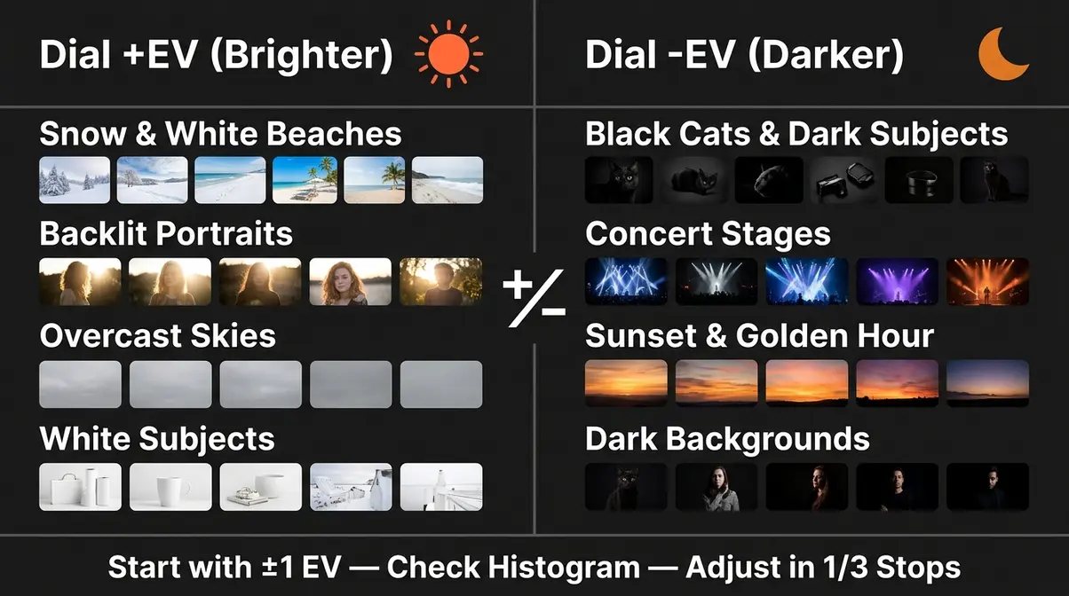 Exposure compensation cheat sheet showing when to dial plus EV or minus EV for common photography scenes