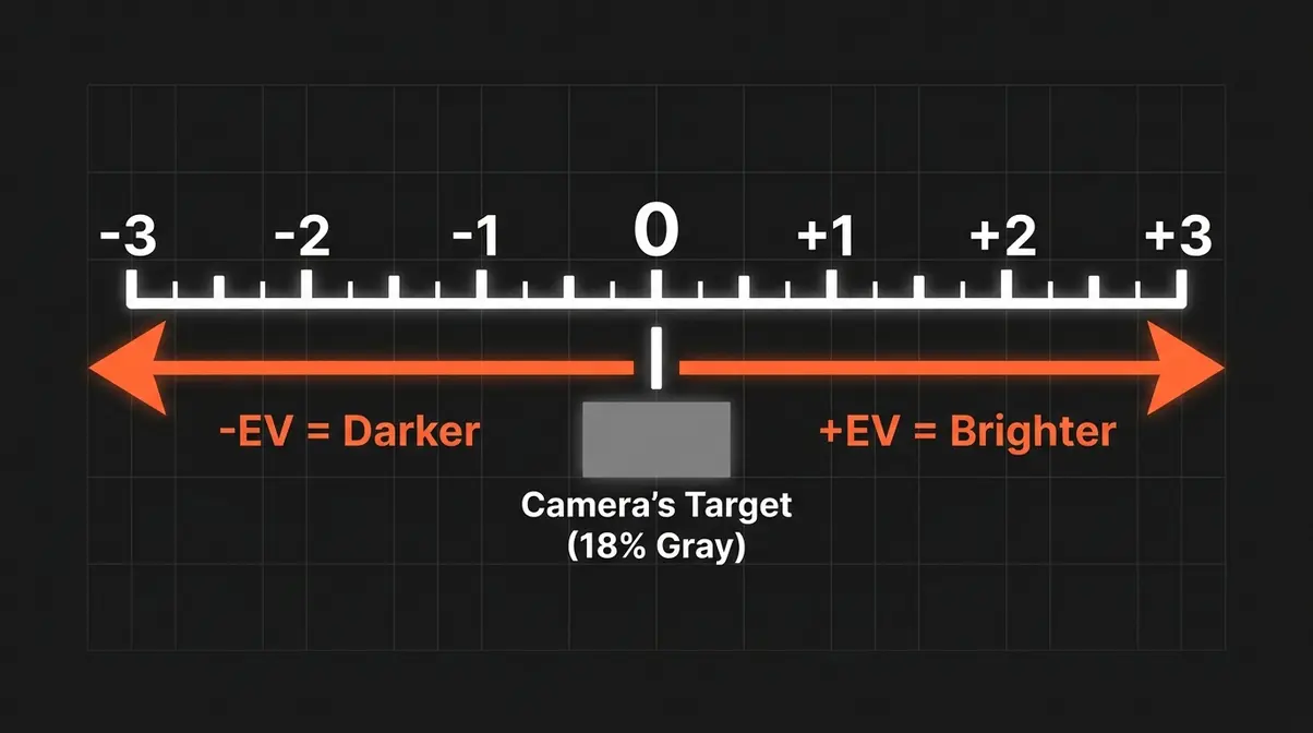 Exposure compensation EV scale diagram showing camera meter range from minus three to plus three