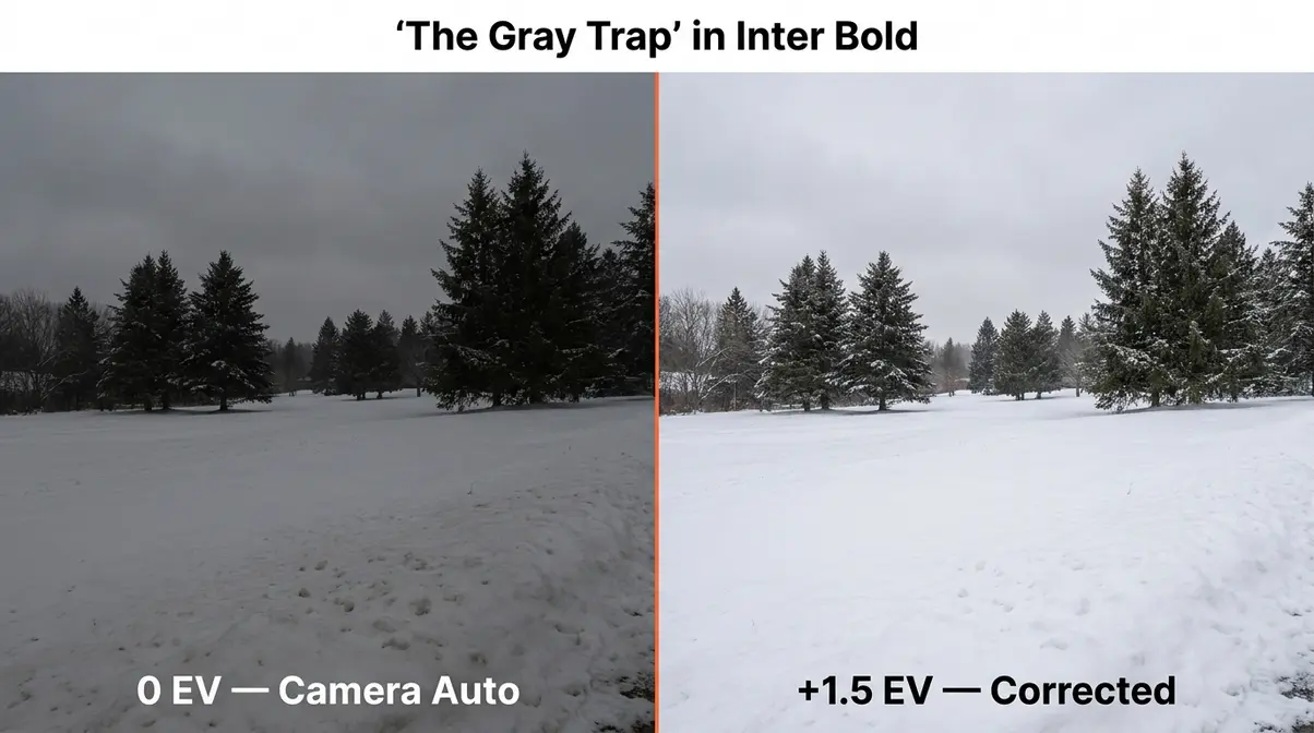 Exposure compensation before and after snow scene showing underexposed gray versus correctly exposed white