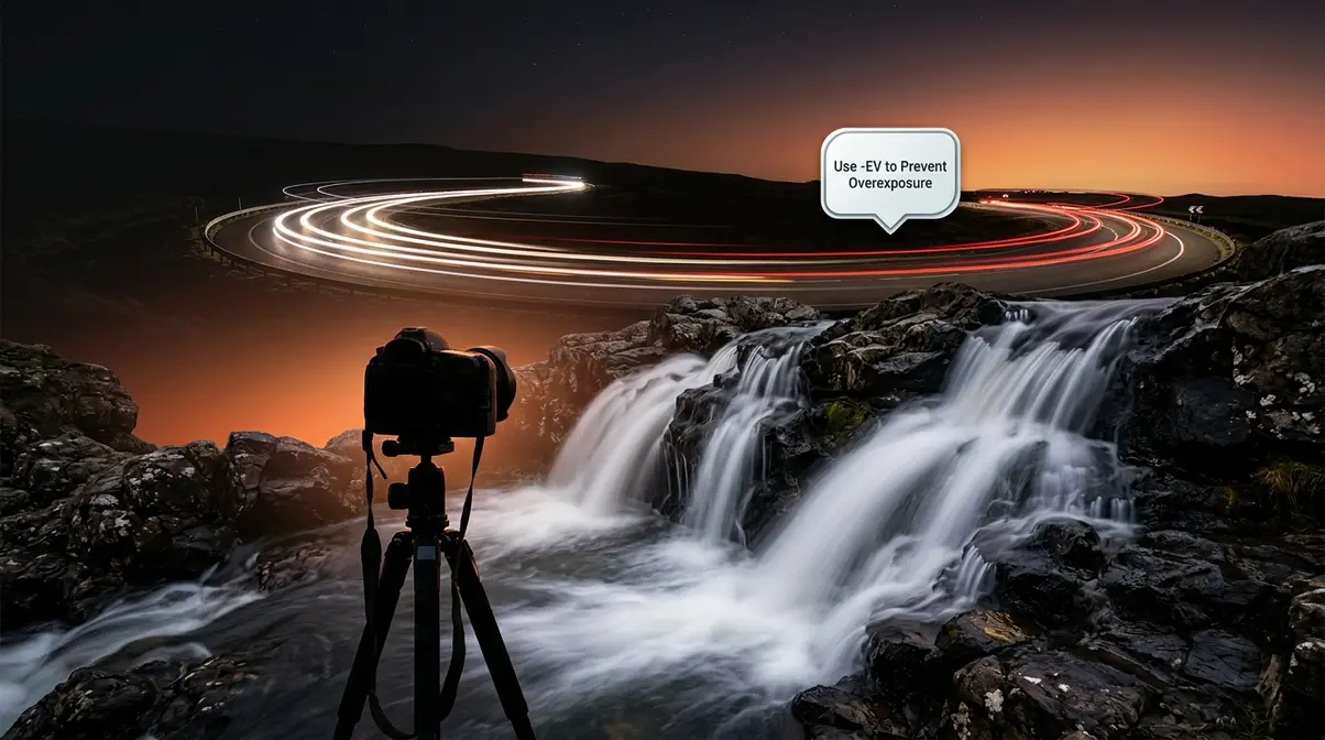 Long exposure photography showing silky waterfall and car light trails with tripod silhouette