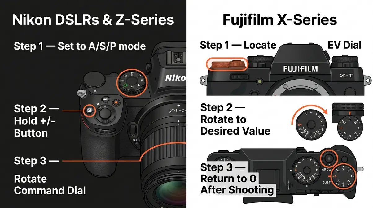 Step by step exposure compensation instructions for Nikon DSLRs and Fujifilm X-series cameras side by side