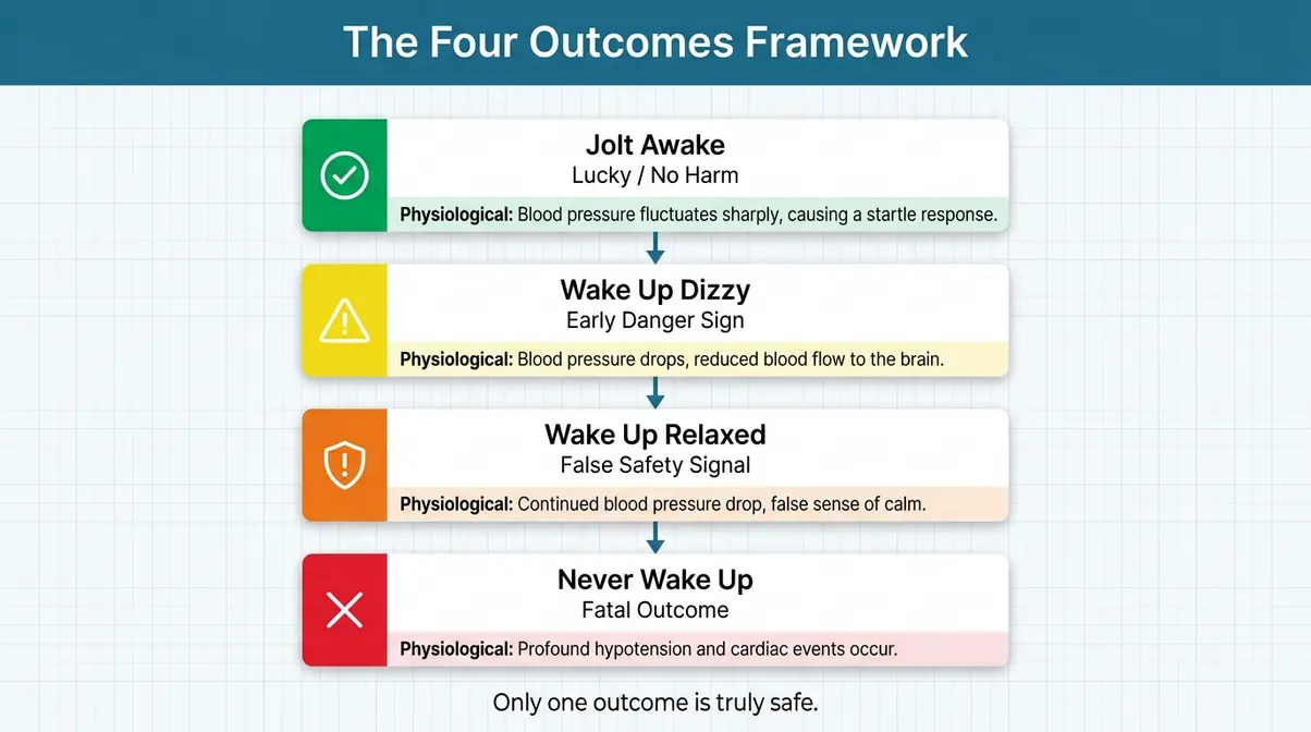 Falling Asleep in a Hot Tub: 5 Dangers You Must Know 2 Infographic showing the four outcomes of falling asleep in a hot tub dangers including drowning and hyperthermia risk