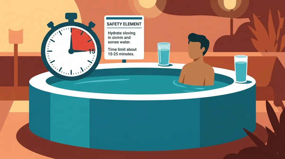 Falling Asleep in a Hot Tub: 5 Dangers You Must Know 7 Hot tub safety illustration showing the 15-minute timer rule and hydration guidelines to prevent drowning and hyperthermia