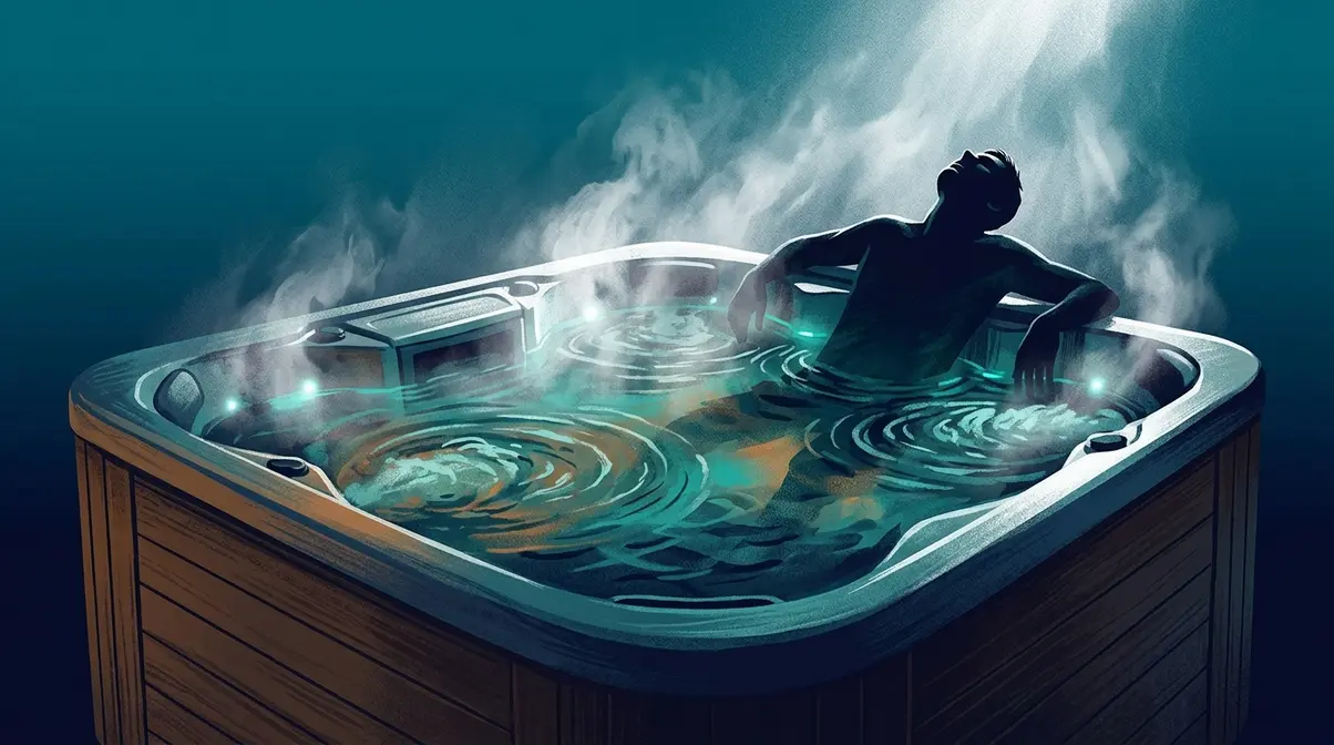 Falling Asleep in a Hot Tub: 5 Dangers You Must Know 1 Steaming hot tub at night showing the dangerous conditions that lead to drowning and hyperthermia when falling asleep