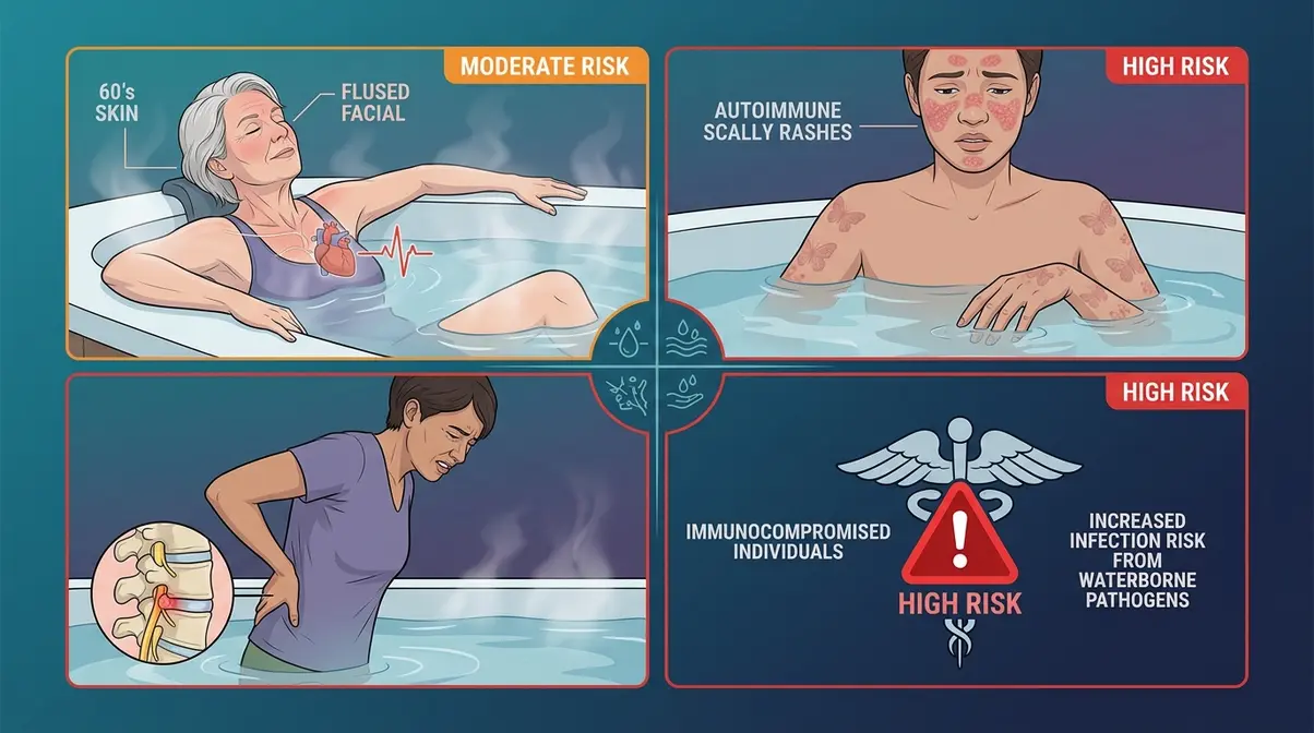 Falling Asleep in a Hot Tub: 5 Dangers You Must Know 5 Illustration showing high-risk groups for hot tub dangers including adults over 50, lupus patients, and immunocompromised individuals