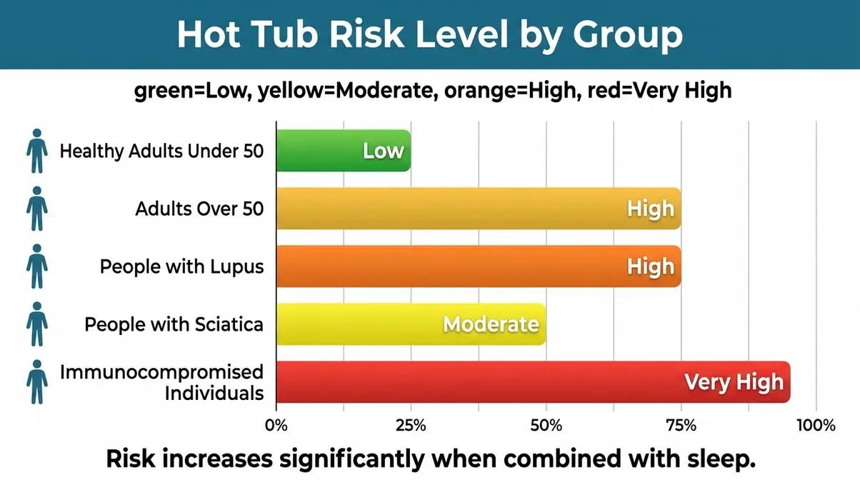 Falling Asleep in a Hot Tub: 5 Dangers You Must Know 6 Infographic showing cardiovascular and health risk levels for different groups when falling asleep in a hot tub