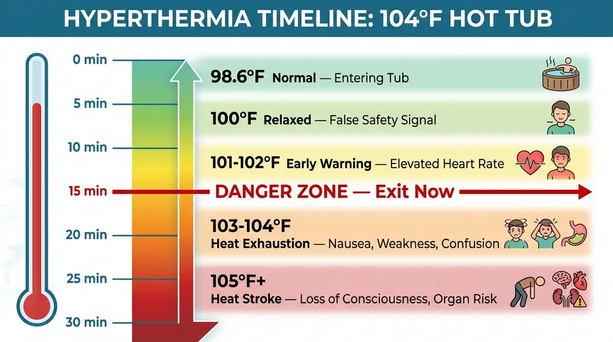 Falling Asleep in a Hot Tub: 5 Dangers You Must Know 4 Hyperthermia timeline infographic showing how falling asleep in a hot tub can raise core body temperature to heat stroke levels within 30 minutes