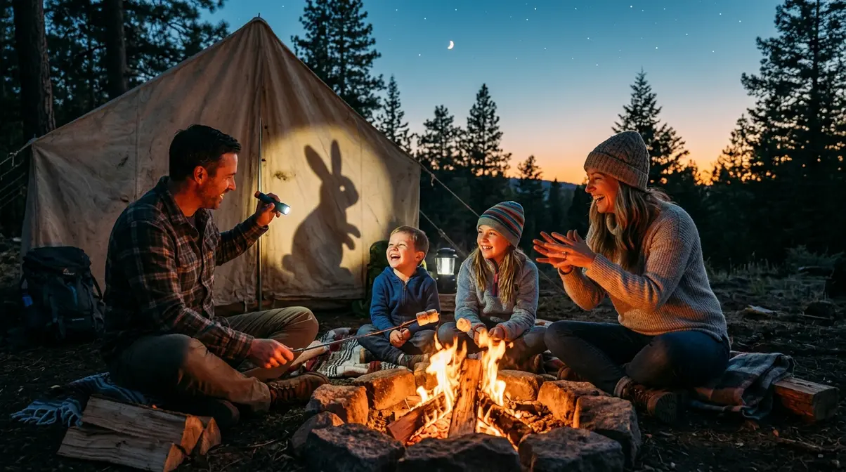 Family making shadow puppets and roasting marshmallows around a campfire at dusk during an evening camping activity