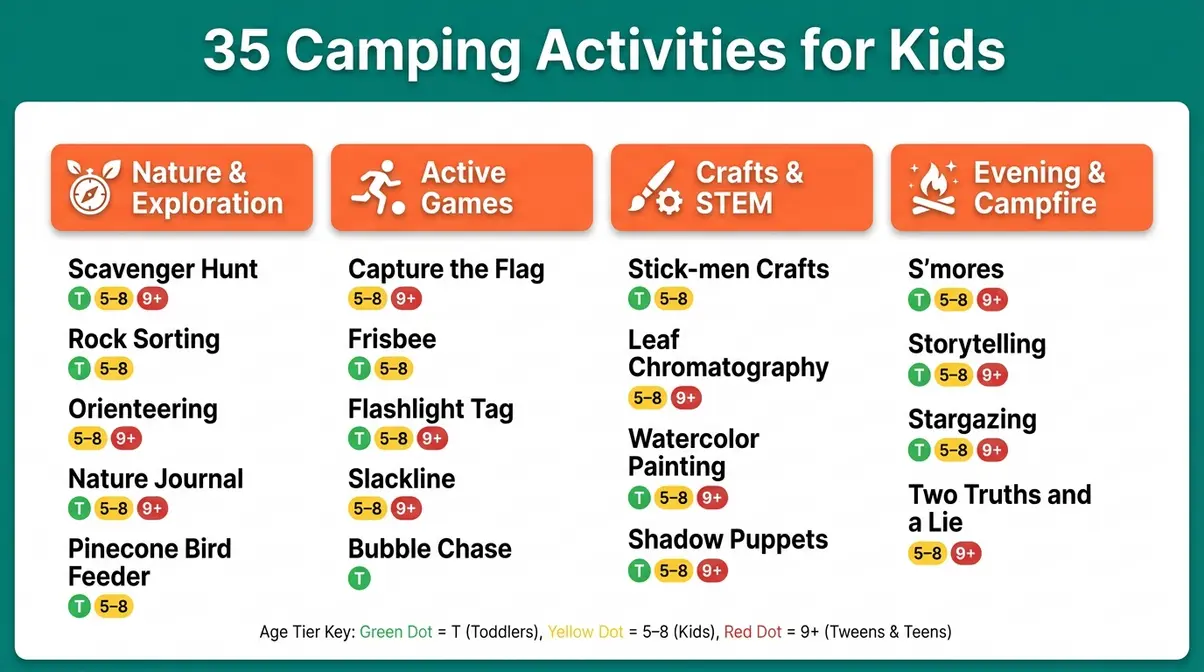 Quick-reference card of 35 family camping activities for kids organized by category and age group