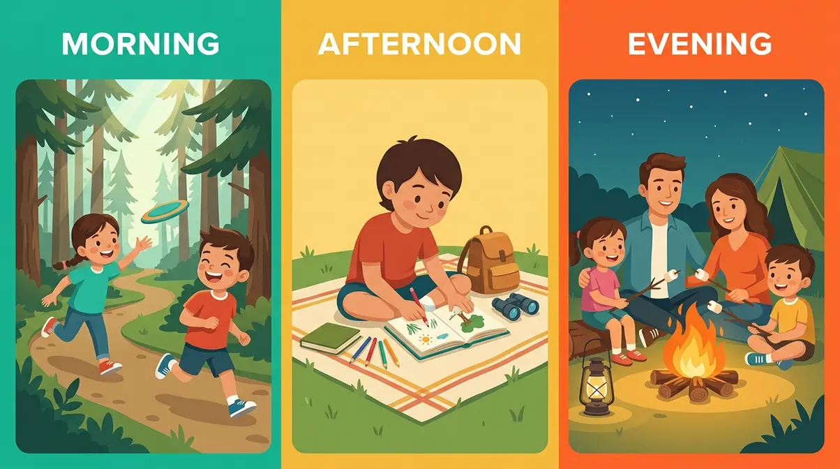 Three-panel illustration of a family camping day schedule — active morning, free afternoon, and connected campfire evening