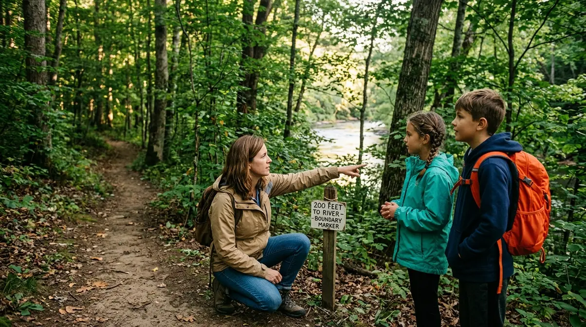 Parent explaining camping safety rules to two children at the edge of a forest trail near a river