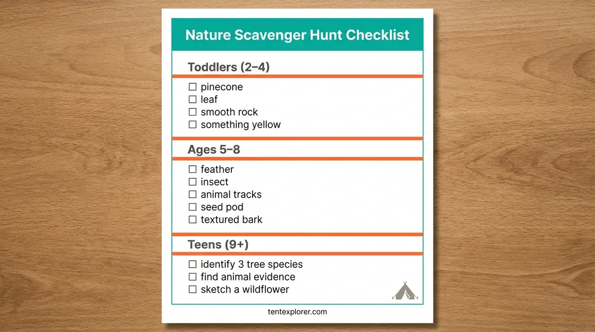 Printable scavenger hunt checklist for family camping with age-tiered item lists for toddlers through teens