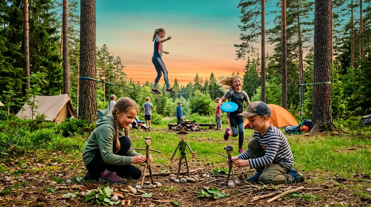 Kids engaged in multiple camping activities — stick-men crafts, frisbee, and slacklining — at a forest campsite