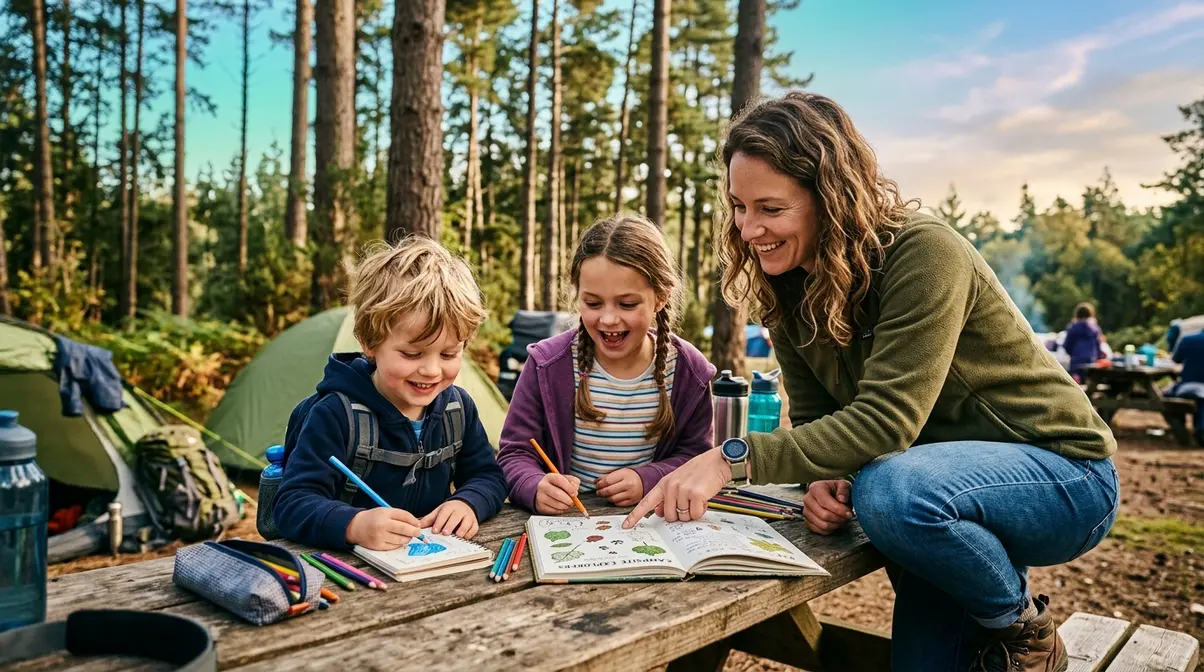 Parent and two kids engaged in nature journal activity at a campsite picnic table in the forest