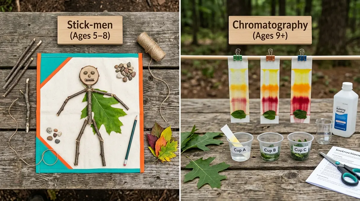 Flat lay of stick-men craft and leaf chromatography STEM project materials on a camping table for kids