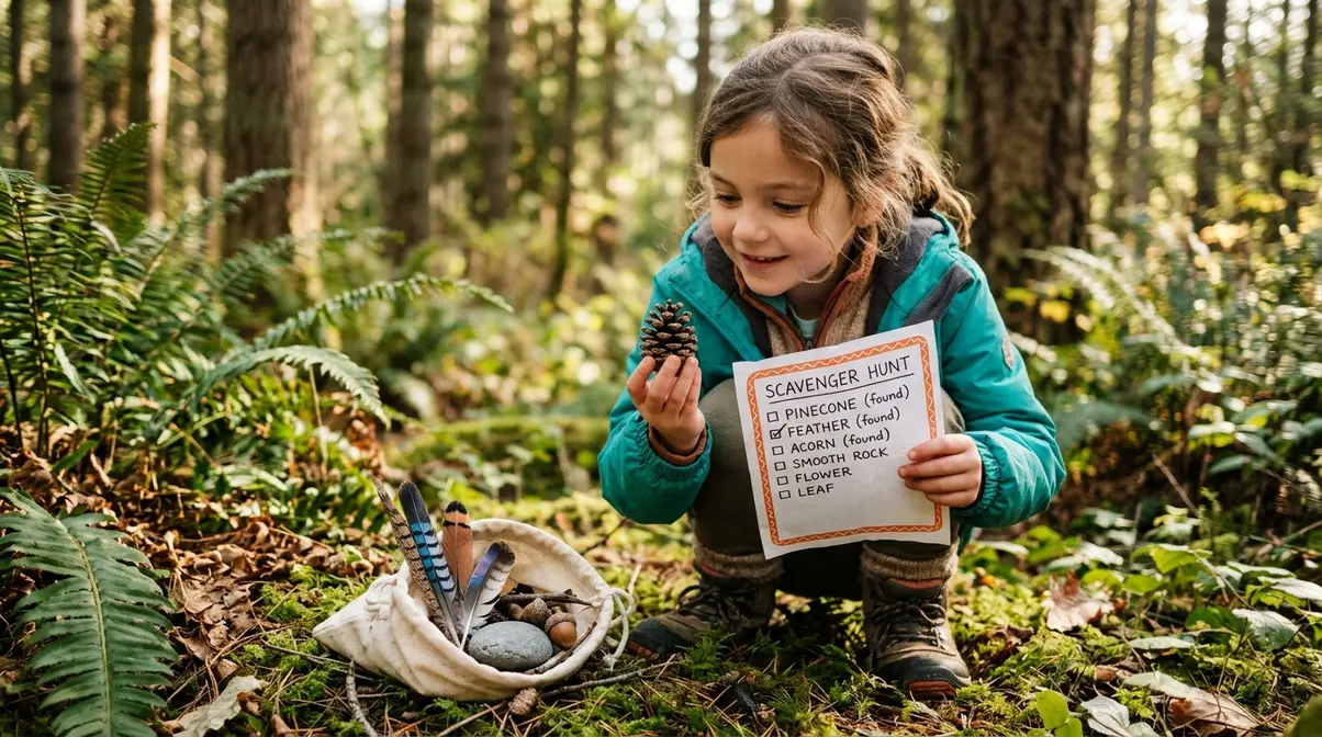 Child holding a pinecone and scavenger hunt checklist while exploring the forest floor on a camping trip