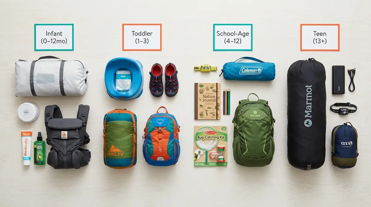 Age-segmented camping gear kits for infants, toddlers, school-age kids, and teens laid out in labeled groups